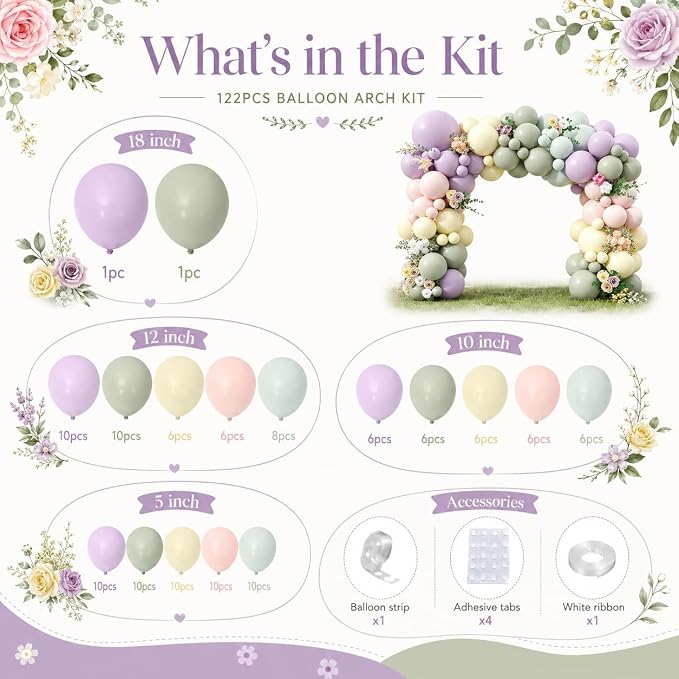 Pink Purple Green Balloon Arch Kit, 122Pcs Dusty Pink Light Green Macaron Yellow Pastel Balloons for Kids Girl Flower Party Decorations Spring Baby Shower Wedding Engagement Fairy Birthday Supplies
