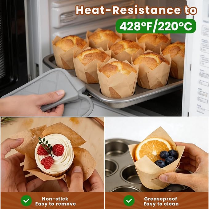 VISRIE 300 Pcs Natural Tulip Cupcake Liners, Unbleached Parchment Paper Baking Cups, Greaseproof & Non-Stick Standard Muffin Liners, Cup Cake Wrappers for Party, Baby Shower & Christmas