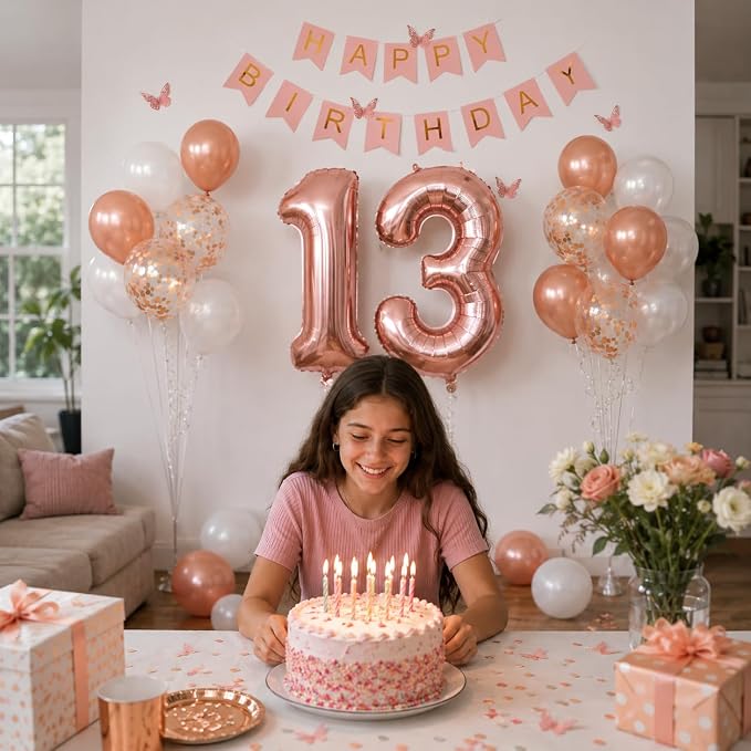 13th Birthday Decorations For Girls -Rose Gold Pearl White Balloons, 32 Inch Rose Gold "13" Balloon, 3D Butterflies Stickers, Happy Birthday Banner For Teen Girl 13th BD Decorations