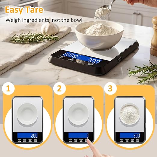 Letron Food Scale, 33 lb / 0.1 oz High Precision Kitchen Scale for Sourdough Bread, Built-in 7 Units, Timing & Tare Function, Rechargeable Digital Kitchen Scale for Food, Baking, Cooking, White
