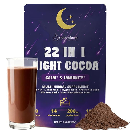 Mushroom Hot Cocoa, Melatonin-Free Natural Herbal Sleep Powder with Jujube Seed, Magnesium Glycinate, GABA, L-Theanine & 14 Mushroom Extracts | Calm, Relaxation & Immune | hot chocolate, 30 Servings