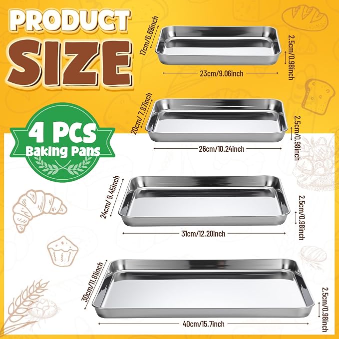 4 Pack Stainless Steel Sheet Baking Pans, 9/10/12/16 Inch Commercial Grade Cookie Sheets for Baking, Heavy Duty Stainless Steel Cookware Set, Non-stick, Non-toxic