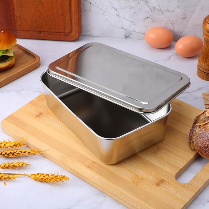 Kichvoe Stainless Steel Loaf Pan with Lid 9.05X5.90X2.55In Bread Baking Tray for Homemade Cakes Desserts Even Heat Distribution Kitchen Bakeware