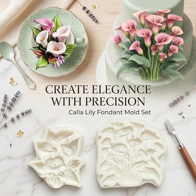 2Pcs Calla Lily Silicone Mold Set Flower Floral Bouquet Cake Decorating Fondant Molds for Wedding Cupcake Toppers Baking Chocolate Candy Dessert Botanical Resin Supplies Soap Polymer Clay