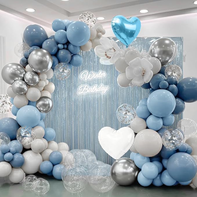157PCS Pastel Blue Silver White Balloons Garland Arch Kit with Light Blue Fringe Curtain for Birthday Bridal Baby Shower Engagement Wedding Party Decorations