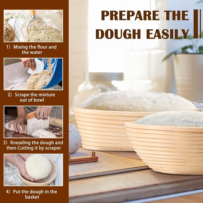 P&P CHEF Sourdough Bread Baking Supplies, 9” Round & 10” Oval Sourdough Proofing Baskets Starter Kit, Bread Making Tool Set with Cloth Liner Bread Lame Scraper Brush Dough Whisk