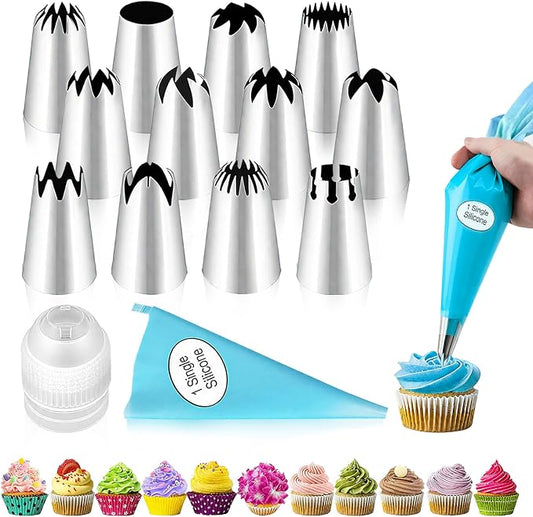Large Piping Tips Set - 14pcs Reusable Stainless Steel Icing Nozzles Kit Cake Decorating Tools For Cupcake Cookie Pastrys Dough
