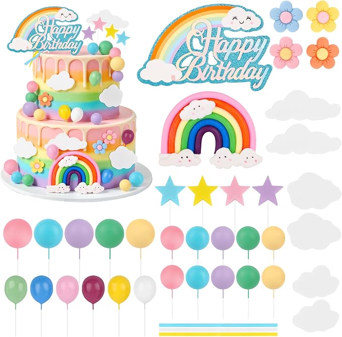 Hooqict 37PCS Rainbow Cake Topper with Daisy Flower Pastel Balls Boho Rainbow Cake Decorations for Wedding Girls Boys Groovy Hippie Birthday Party Decorations Supplies