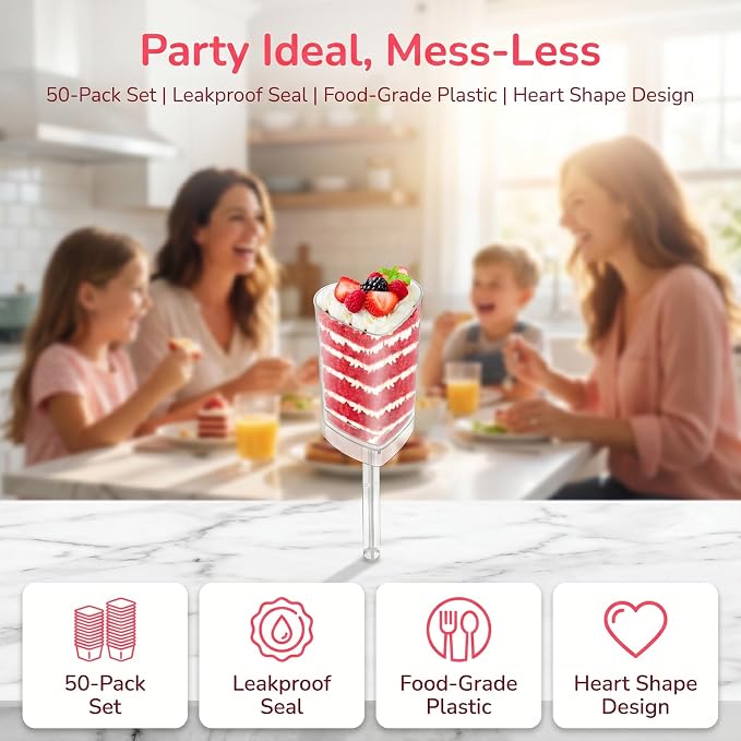 Jucoan 50 Pack Push Cake up Pop Containers, Heart Shape Plastic Cake Pop Shooter, Jelly Ice Cream Cupcake Push up Pop Containers with Lids for Wedding Birthday Baby Shower 4th of July Party