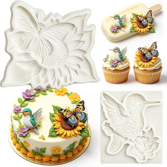 2Pcs Butterfly Sunflower Silicone Fondant Molds 3D Hummingbird Nature Candy Molds for Baking Dessert, Spring Cake Decorating, Cupcake Topper, Chocolate, Soap, Resin, Polymer Clay Crafting