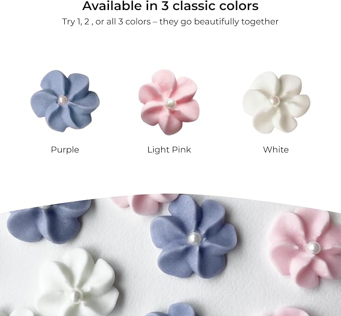 Mini Edible Royal Icing Flowers (72 Count), Petite Edible Flower Cake Decorations, Edible Flowers for Cupcakes, Flowers with Pearl Sprinkles for Cakes & Cupcakes, Global Sugar Art (Purple, 72 Count)
