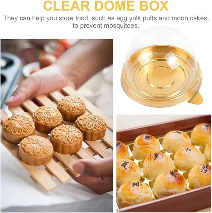 50Pcs Clear Plastic Mini Cake Box with Dome Lids, Mini Muffin Container Box Mooncake Dome Box Pastry Baking Packaging Boxes Wedding Birthday Gifts Supplies (Gold Base)