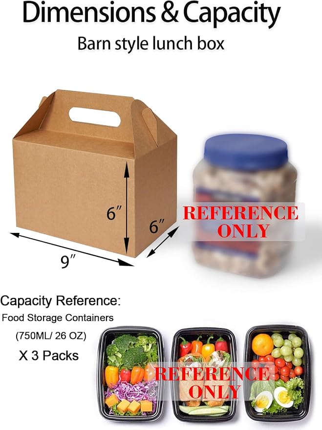 Happyhiram 30 CT 9x6x6 Large Box Lunch Boxes Cardboard Paper with Handles Kraft Brown, Gable Gift Boxes Party Favor Boxes Barn Style Carry Out Box Recyclable Packaging Boxes for Food Cookies Baby