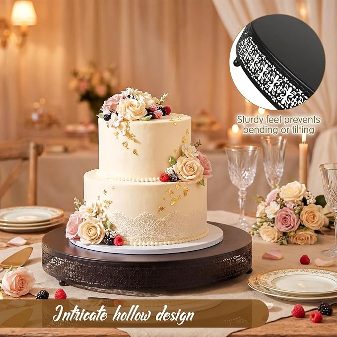 Wenqik Black Cake Stand 20 Inch Metal Round Cupcake Dessert Wedding Cake Stand with Cutting & Spatula Cookies Display Holder Fruit Serving Tray for Table Wedding Birthday Anniversary Party