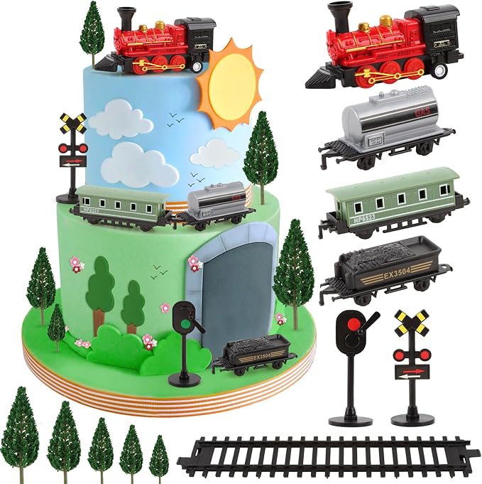 12Pcs Train Cake Toppers Train Cake Decorations with Traffic Track Railway Lights Sign for Trains Themed Birthday Party Decorations Transport Themed Party Supplies