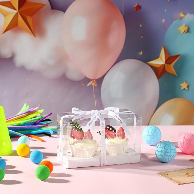 20 Packs 2 Count Clear Cupcake Boxes Cup Cake Holder Containers with Gift Ribbon Cookies Muffins Packaging for Party Baking Wedding plastic Cupcake Carrier for Treat Dessert