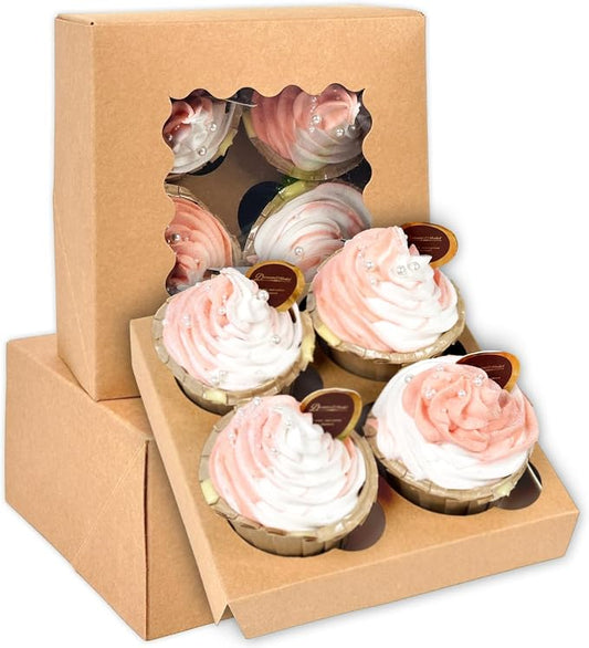 Bakepacker Auto-pop up 4 Cupcake Boxes with Window 20 Count Brown Box 6.3 x 6.3 x 3inch Cupcake Carrier