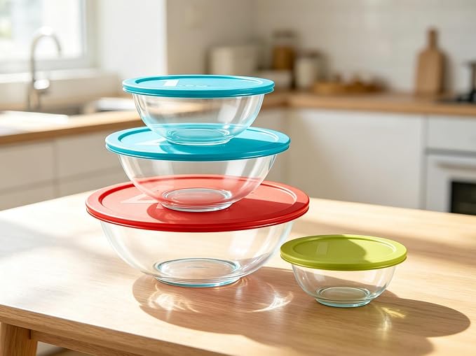 8-Piece Glass Mixing Bowl Set with Colored Lids, Nesting Food Prep Bowls, Microwave & Dishwasher Safe, Glass in Mixing Bowls