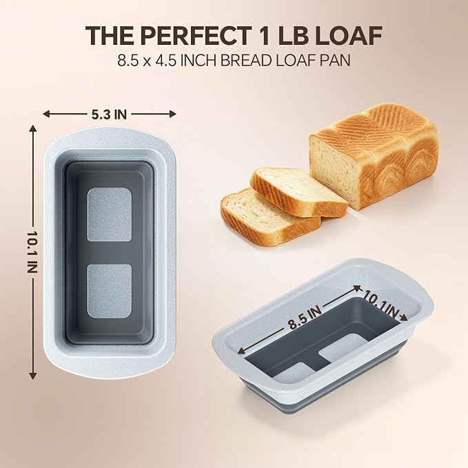 Bread Pans Set of 2, Nonstick 1 lb Loaf Pan With Pop Out Bottom | Banana Bread Pan With Silicone Bottom & Sturdy Metal Frame, Meatloaf And Pound Cake Pans, 8.5*4.5 IN, Silver & Gray