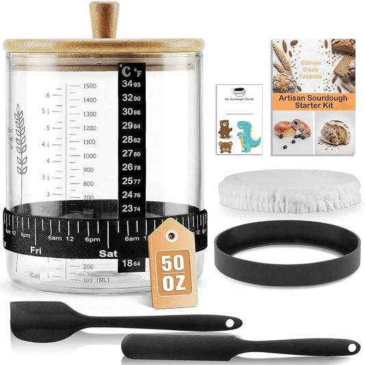 SheeChung 50oz Sourdough Starter Jar, Wide Mouth Sourdough Jar Glass, Bamboo Lid, Cloth Cover, Date Tracker, Scraper, Sourdough Starter Kit, Fermentation Jars, Sour Dough Bread Baking Supplies, 1 Pack