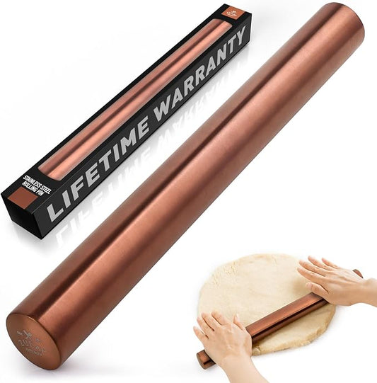 Zulay Kitchen 15.9 inch Professional Stainless Steel Rolling Pin - Lightweight Metal French Rolling Pin - Perfect for Baking, Fondant, Pizza Dough Roller, Dumpling - Copper