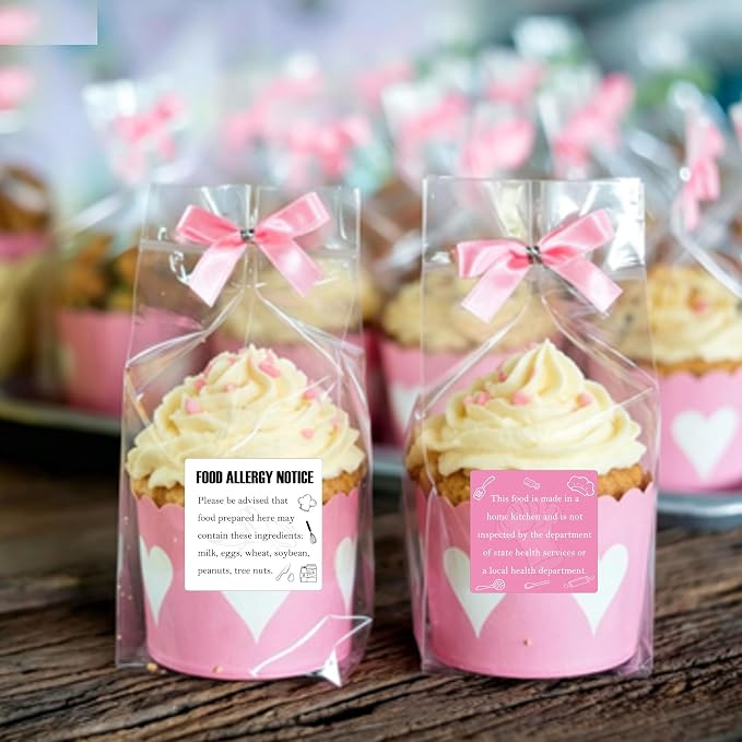 600 Pcs 2 Inch Cottage Food Law Labels Stickers Allergen Warning Stickers - Pink Baked with Love Made in a Home Kitchen Inspection Statement Decals for Homemade Bakery Baked Food Canning Packaging