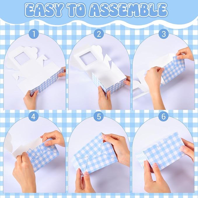 50 Pack Blue Gingham Cookie Boxes with Window, Small Bakery Treat Boxes for Pastry Donuts Macaroon Cupcakes, Gingham Party Supplies Wedding Bridal Baby Showers Birthday Party Favors