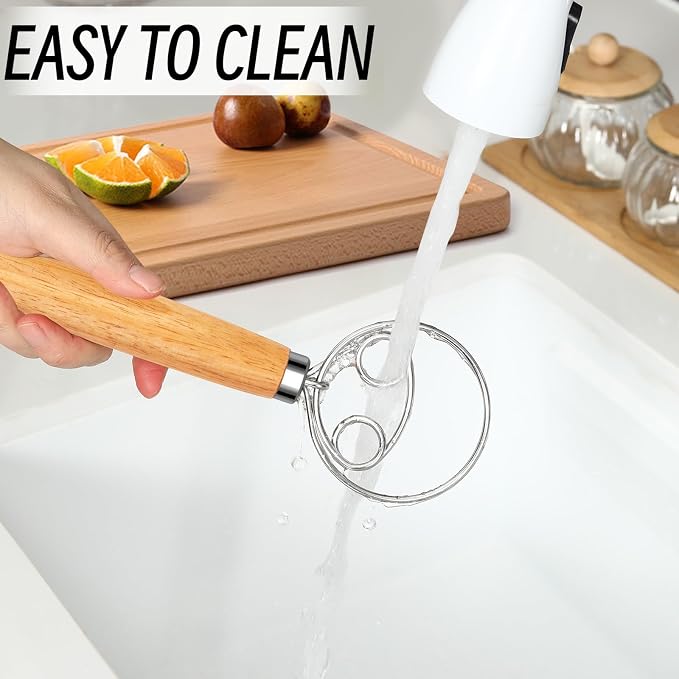 Danish Dough Whisk Stainless Steel Wooden Handle for Sourdough Bread Pizza and Pastry Making