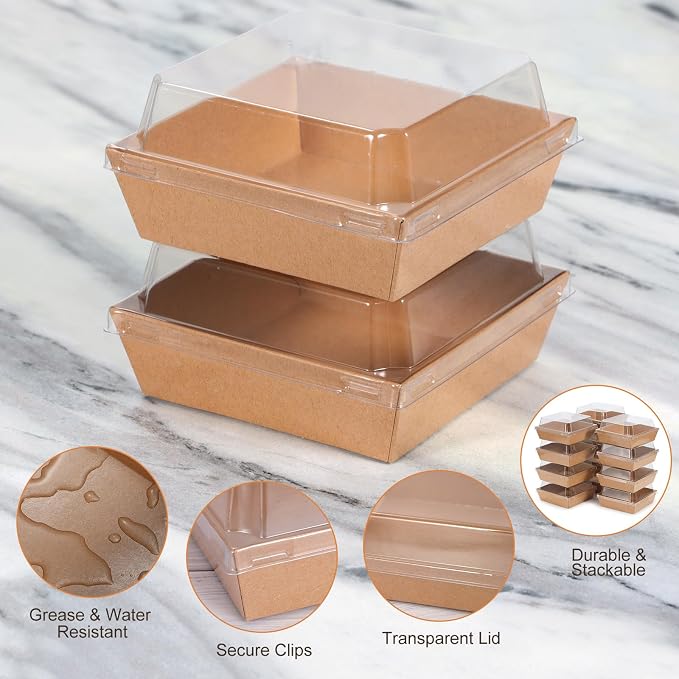 Mini Charcuterie Boxes with Clear Lids, 4.5x4.5 Inches 100 Pack Dessert Boxes Square Disposable Bakery Boxes to Go Food Containers for Daughter, Wedding, Party, Valentine, Donuts & Cookies