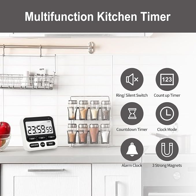 2 Pack Multifunctional Kitchen Timer with Silent/Alert Mode, 24-Hour Clock, Memory Recall, Fast-Forward, and Magnetic Back for Cooking, Baking, Teaching
