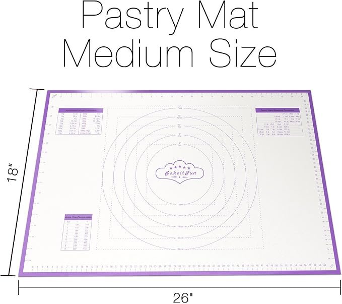 Silicone Pastry Mat Large, 26 x 18 inches. Nonstick Rolling Mat with Measurement Markings in Inches and Centimeters, Conversion Charts, BPA Free, Dishwasher Safe, Heat Resistant to 450°F