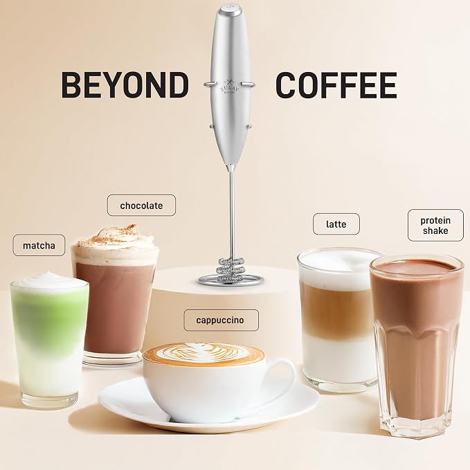 Zulay Kitchen Powerful Milk Frother Wand With Duracell Batteries - Ultra Fast Handheld Drink Mixer - Electric Whisk Foam Maker for Coffee, Lattes, Cappuccino & Matcha - Triple Whisk - Luminous Silver