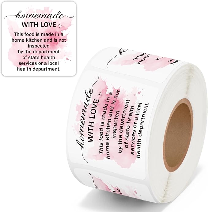 PANTIDE 500 Count Pink Watercolor Cottage Food Law Labels Sticker | Homemade with Love, Adhesive Square Decal Roll, Made in A Home Kitchen Inspection Statement, for Food Packaging, 2 x 2 Inch