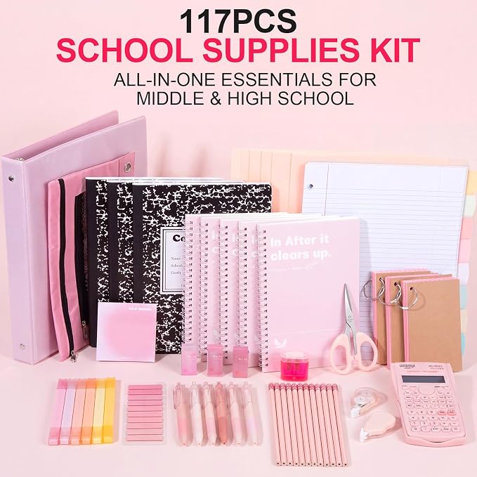 Eersida 117 Pcs Middle High School College Bundle Supplies Kit, Back to School Essentials, Includes Folders, Notebooks, Tab Dividers, Pencils, Highlighters, Calculator & More(Pink)
