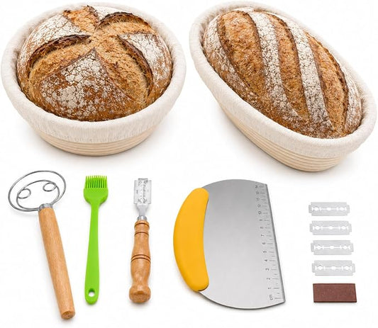 Banneton Bread Proofing Basket Set - 2 Pack 9 Inch Round & Oval Natural Rattan Sourdough Proofing Baskets with Cloth Liners for Artisan Bread Baking Supplies
