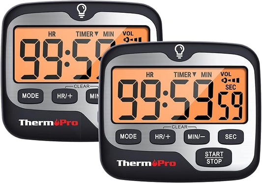 TempPro TM01(2 Pack) Kitchen Timers for Cooking with Count Up Countdown Timer, Digital Timer for Kids with Touch Backlit, Study Timers for Classroom Teacher Supplies (Previously ThermoPro)