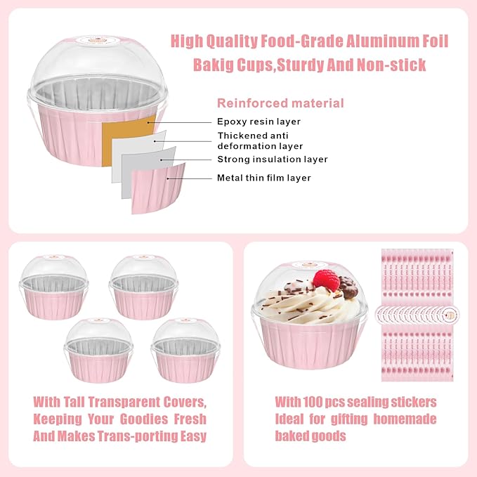 100 Pack 5oz Cupcake Pans with Dome Lids, Disposable Ramekin Cupcake Liners,Reusable Mini Muffin Case Dessert Containers for Birthday Wedding Party - Pink