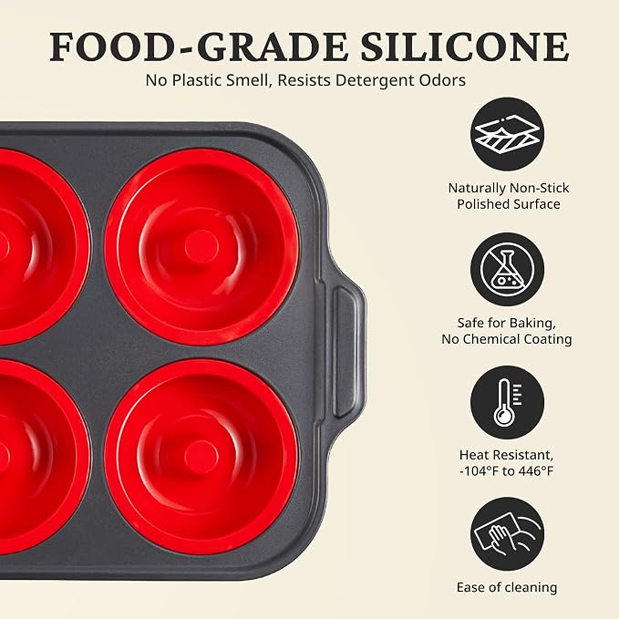BRONYPRO Silicone Donut Pan for Baking with Metal Reinforced Frame, 6-Cavity Nonstick Doughnut Mold, Large Donut Size, Food-Grade Bakeware, Oven Dishwasher Freezer Safe, Red