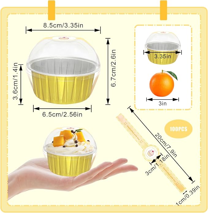 100 Pack 5oz Cupcake Pans with Dome Lids, Disposable Ramekin Cupcake Liners,Reusable Mini Muffin Case Dessert Containers for Birthday Wedding Party (Gold)