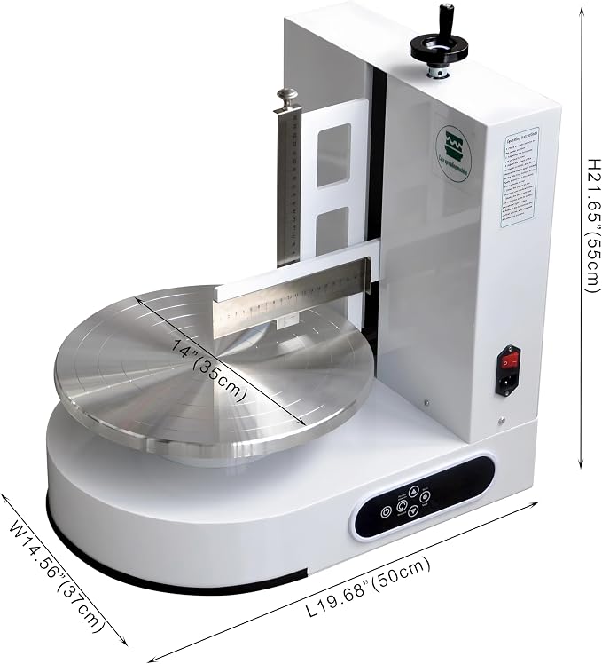 Semi Automatic Birthday Cake Smoothing Coating Machine, AC110V 6-14in Cake Cream Spreading Machine, Cakes Decorating Cream Coating Machines Turntable with Graduated Scraper, Baking Supplies (White)
