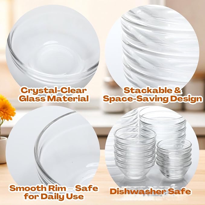 LemonRoad 20 Pcs Glass Prep Bowls Sets 4 Sizes 1.5/2.5/4.5/8.5 oz Cooking Clear Small Prep Pinch Bowls Mini Stackable for Toppings, Kitchen, Salt, Spices, Dipping, Baking & Meal
