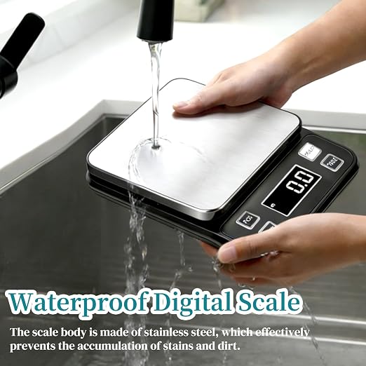 Digital Food Scale 11lb/5kg, Waterproof Kitchen Scale, Tare Function and 2 Power Options with Batteries, Stainless Steel Gram Scale for Cooking and Baking