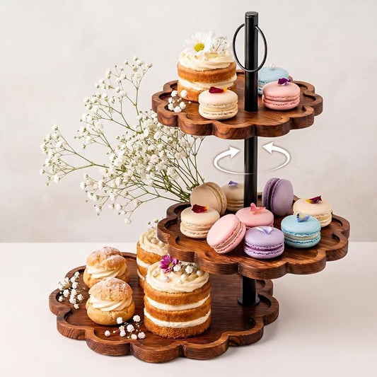 Willinglong 3 Tier Cupcake Stand Holder, Wavy Edge Cake Stand, Rustic Dessert Table Display Set Rotating Wood Cupcake Tower with Tiered Serving Tray for Cupcakes Wedding Birthday