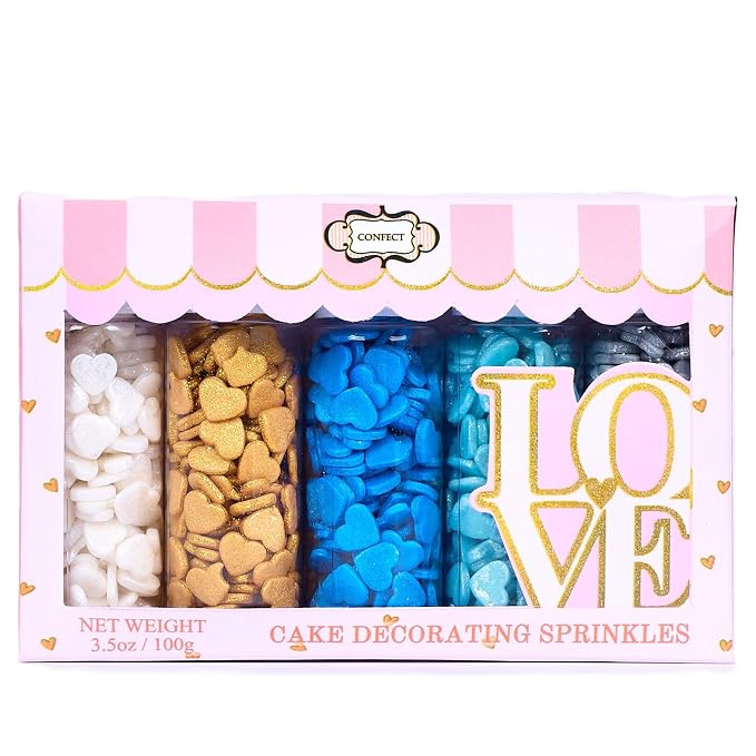 Confect Sprinkle- Blue, Gold, White & Silver Edible Sprinkle Mix | Pack of 5 for Cakes, Cookies, Cupcakes & Baking Decor |Frozen-Themed Heart Sprinkles | Birthday & Party Toppings | Vegan, Gluten-Free – 5 Oz