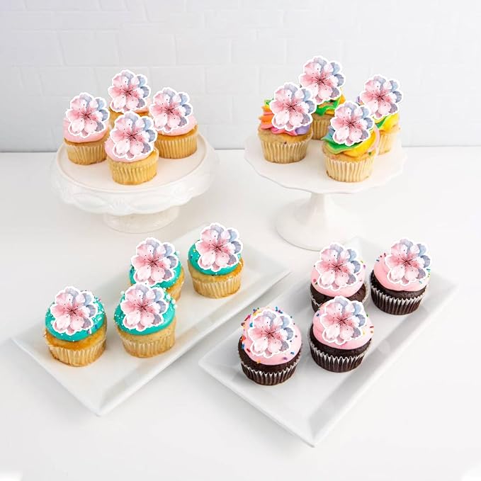 60 PCS Edible Cherry Blossoms Cake Decorations Wafer Paper Cherry Blossoms Cupcake Toppers Edible Flowers Cake Toppers for Baby Shower Kids Birthday Party Cupcake Food Decorations Supplies Pink