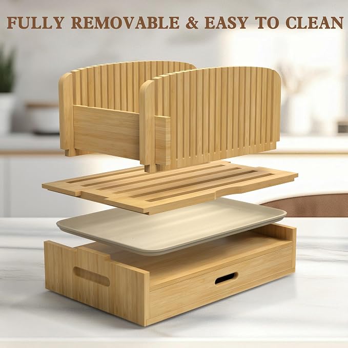 LOHASOK Bamboo Bread Slicer Guide: Bread Cutter for Homemade Bread Loaf - Adjustable and Foldable with Crumb Tray