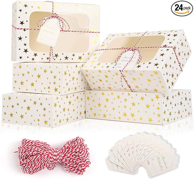 24 PCS Christmas Cookie Boxes for Gift Giving, 9x6x3 Golden Star Christmas Treat Boxes with Window, Auto-Up Holiday Cookie Boxes,Baking Goods Packaging Box for Desserts, Mini Cake, Donuts
