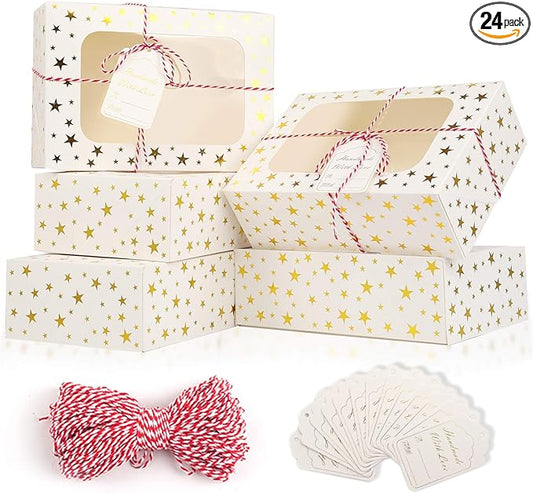 24 PCS Christmas Cookie Boxes for Gift Giving, 9x6x3 Golden Star Christmas Treat Boxes with Window, Auto-Up Holiday Cookie Boxes,Baking Goods Packaging Box for Desserts, Mini Cake, Donuts
