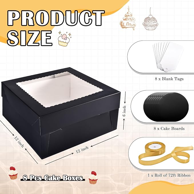 16Pcs 12x12x6 Inch Cake Boxes with Cake Boards (8Pcs Black Cake Boxes, 8Pcs Cake Boards), Bakery Boxes with Window, Cake Carrier Container for Birthday Party, Wedding