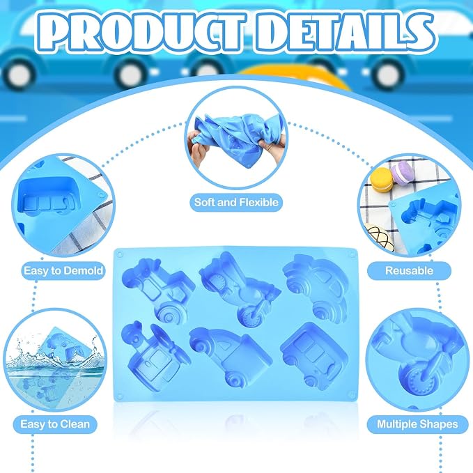 Ipotkitt Blue Car Theme Silicone Molds Vehicle Bus Transportation Candy Molds for Candy Chocolate Jelly Cake Ice Crafts, 2pcs, 6 Cavities